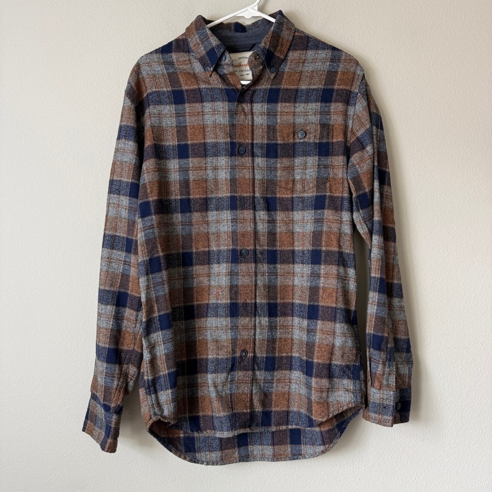 Weatherproof Vintage Mens Small Plaid Flannel Button Down Shirt Brown Navy Blue